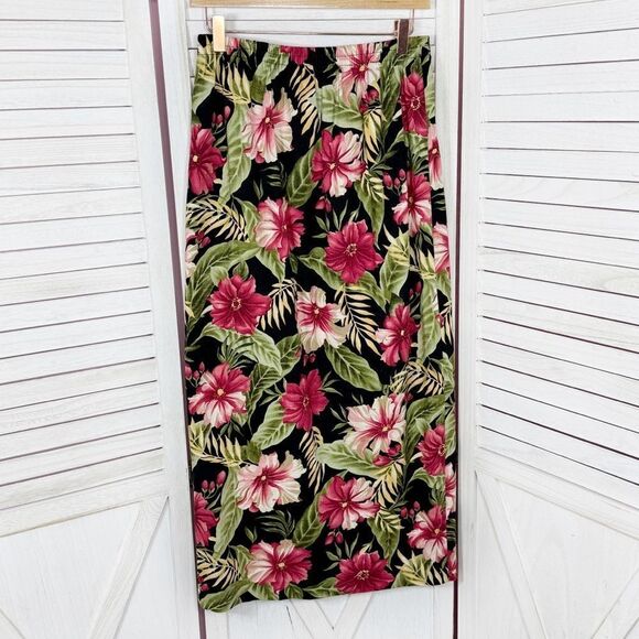 Haggar Vintage Linen Tropical Flower Print Button Front Maxi Skirt Black Pink 8 - Picture 8 of 11